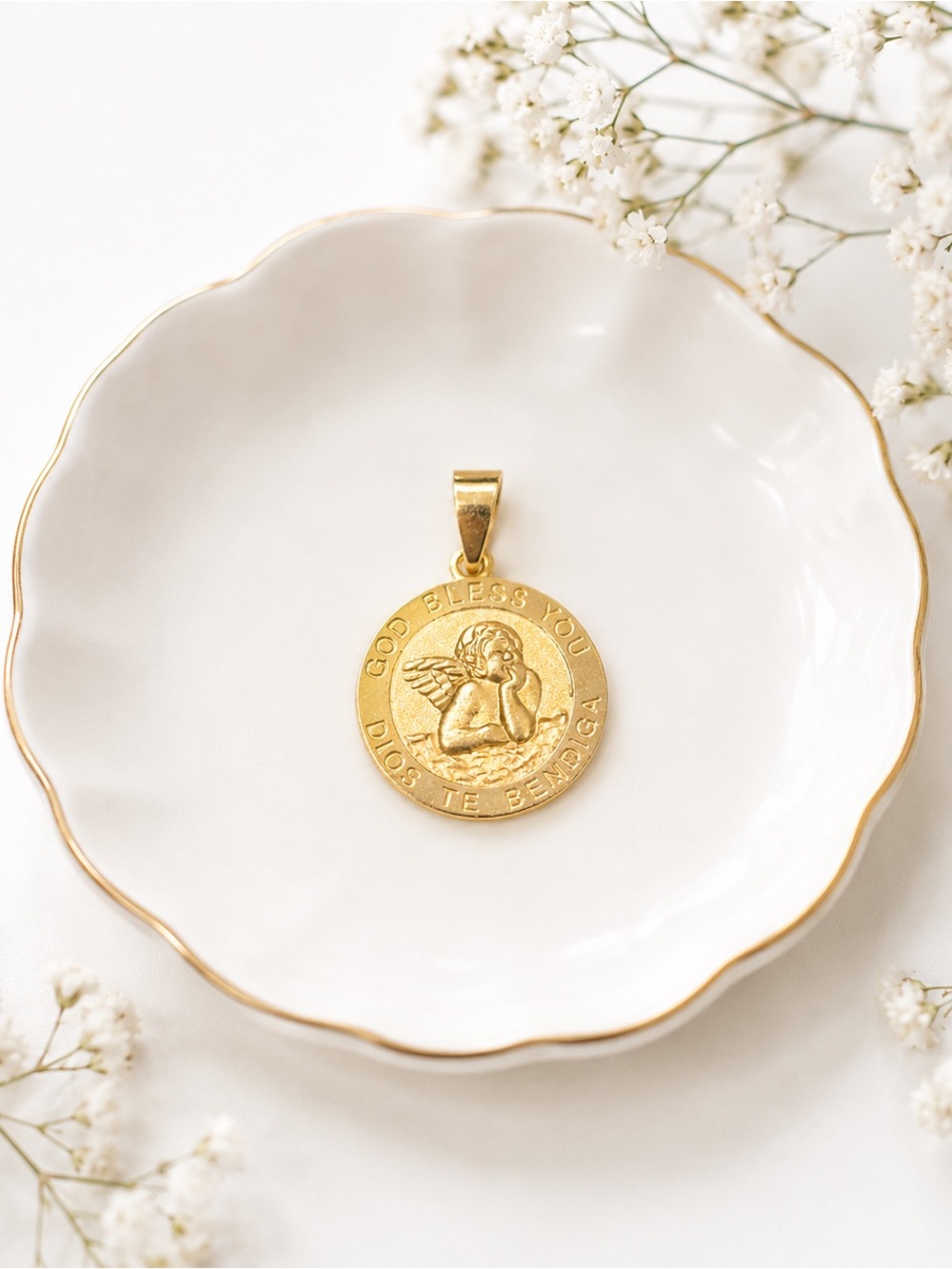 14k Yellow Gold Angel Medallion Coin Pendant NEW Made in Italy